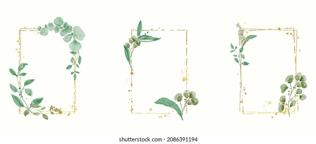 Abstract watercolor floral frame background vector.  Watercolor invitation design with leaves, flower , gold geometric frame and watercolor brush strokes. Vector illustration.