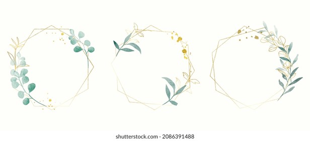 Resumen de la acuarela del vector de fondo del marco floral.  Diseño de invitación acuarela con hojas, flor, marco geométrico dorado y pinceladas de brotes de acuarela. Ilustración vectorial.