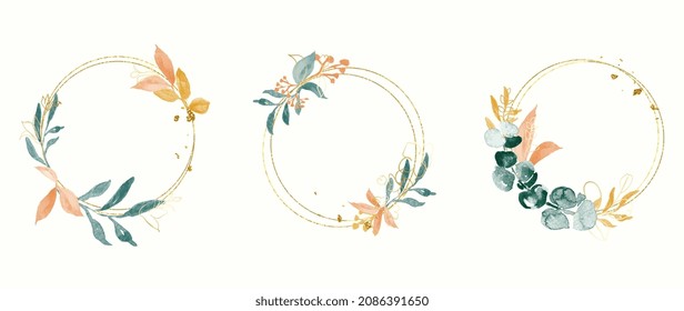 Abstract watercolor floral frame background vector.  Watercolor invitation design with leaves, flower , gold geometric frame and watercolor brush strokes. Vector illustration.