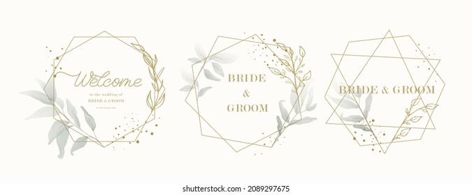 Abstract watercolor floral frame background vector. Watercolor invitation design with leaves, gold geometric frame and watercolor brush strokes.