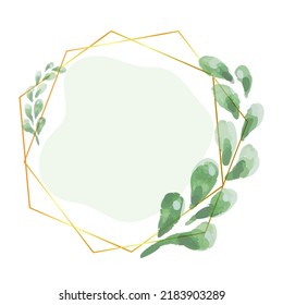 Abstract watercolor floral frame background vector. Watercolor invitation design with leaves. Gold geometric frame and watercolor brush strokes.