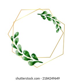 Abstract watercolor floral frame background vector. Watercolor invitation design with leaves. Gold geometric frame and watercolor brush strokes.