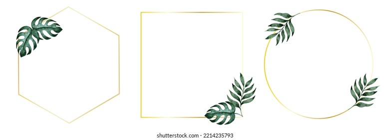 Abstract watercolor floral frame background vector set. Watercolor invitation design with leaves. Gold geometric frame and watercolor brush strokes.