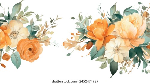 abstract watercolor floral frame background, orange green