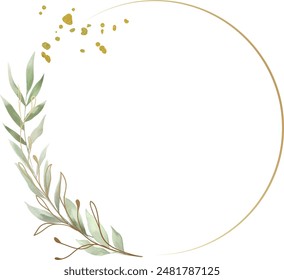 Abstract watercolor floral frame background vector. Watercolor invitation design with leaves, flower , gold geometric frame and watercolor brush strokes. Vector illustration