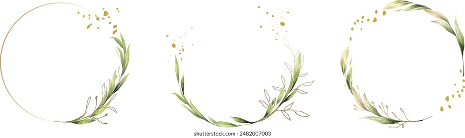 Vector de fondo de marco floral de acuarela Abstractas. Diseño de invitación de acuarela con hojas, flores, marco geométrico de oro y pinceladas de acuarela. Ilustración vectorial.