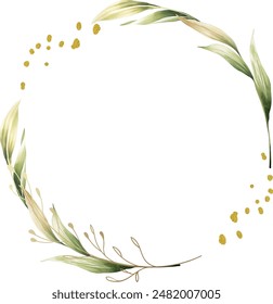 Abstract watercolor floral frame background vector. Watercolor invitation design with leaves, flower , gold geometric frame and watercolor brush strokes. Vector illustration.