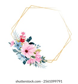 Abstract watercolor floral frame background vector. Watercolor invitation design with leaves, flower , gold geometric frame.
