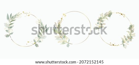 Abstract watercolor floral frame background vector.  Watercolor invitation design with leaves, flower , gold geometric frame and watercolor brush strokes. Vector illustration.
 Сток-фото © 