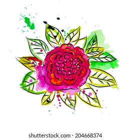 abstract watercolor flower with leaves. Vector 