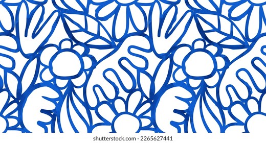 Abstract watercolor flower nature art seamless pattern illustration  Modern hand drawn floral painting  spring acrylic paint drawing background  Blue color flowers wallpaper print 