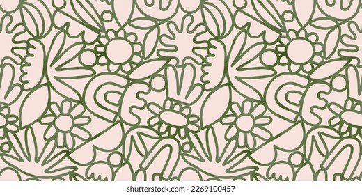 Abstract watercolor flower nature art seamless pattern illustration. Modern hand drawn floral painting, spring acrylic paint drawing background. Green color flowers wallpaper print.