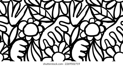 Abstract watercolor flower nature art seamless pattern illustration  Modern hand drawn floral painting  spring acrylic paint drawing background  Black   white flowers wallpaper print 	