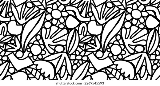 Abstract watercolor flower nature art seamless pattern illustration. Modern hand drawn floral painting, spring acrylic paint drawing background. Black and white flowers wallpaper print.	