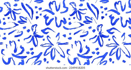 Abstract watercolor flower nature art seamless pattern illustration. Modern hand drawn floral painting, spring acrylic paint drawing background. Blue color flowers wallpaper print.