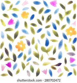 Abstract watercolor flower pattern. Modern pattern with small leaves and flowers. Pastel colors. Watercolor trend drawings for fashion design, apparel and textile, wrapping