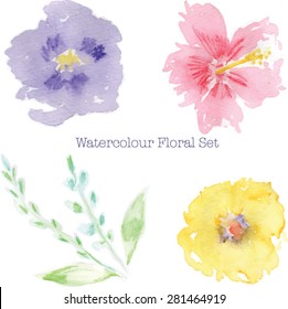 Abstract Watercolor flowers. High resolution image. Includes 3 watercolor flowers, 2 leaves and 2 leaf stems. 