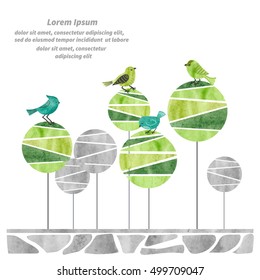 Abstract watercolor forest with cute birds. Eco friendly concept. Vector illustration. 