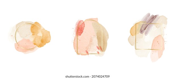 Resumen del vector de fondo del marco de acuarela.  Arte moderno con lámina de oro, brillo dorado y trazos de brochas acuáticas. Ilustración vectorial.

