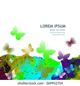 Abstract watercolor frame with butterflies. Vector