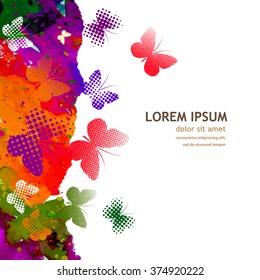 Abstract watercolor frame with butterflies. Vector
