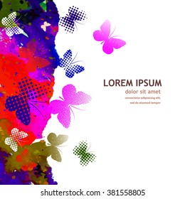 Abstract watercolor frame with butterflies. Vector