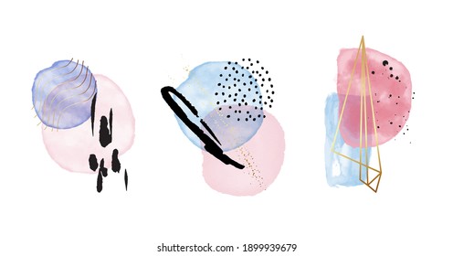 Abstract watercolor geometric circles with gold glitter, minimalist pink blue background. Original painting frame for logo, digital stickers, branding texture 