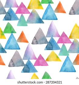 abstract watercolor geometric seamless pattern and backdrop - decorative triangles on white background - hand drawn vector illustration