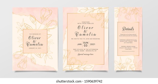 Abstract watercolor with gold glitter wedding invitation card template set. Fluid background save the date, invitation, greeting card, cover vector