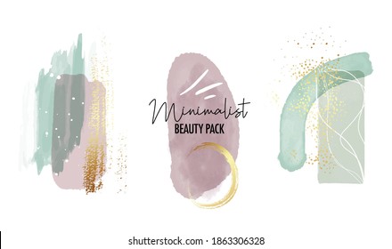 Abstract watercolor gold violet mint green geometric minimalist shapes. Vector pastel strokes, foil texture, tender background. Boho aesthetics 