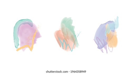 Abstract Watercolor Gold Violet Mint Green Minimalist Shapes Hand Painted. Artistic Paper Strokes, Stain Texture, Tender Background. Vector Pattern