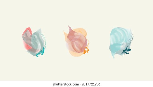Abstract watercolor gold violet mint red pastel green blue grey orange yellow pink minimalist shapes hand painted. Artistic paper strokes, stain texture, tender background. Vector collection set