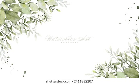 Abstract watercolor green leaves background. Nature banner art background design suitable for wedding design, card, header, web, or wall decoration.