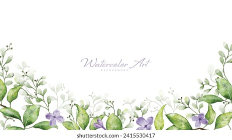 Abstract watercolor green leaves background. Nature banner art background design suitable for wedding design, card, header, web, or wall decoration.