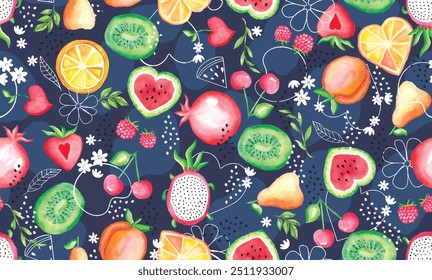 Abstrato aquarela mão desenhada pixelate texturizado frutas de verão ilustração tropical padrão sem costura impressão papel de parede tecido têxtil vetor gráfico arte