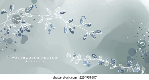 Abstract watercolor hand drawn vector illustration in delicate shades with white branches with leaves, eucalyptus. Background for design, wallpapers, presentations
