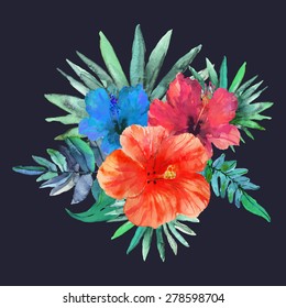Abstract watercolor hand painted background. Red, orange, blue hibiscus flowers and green, blue leaves on dark background. Design for invitation, wedding, greeting cards, print. Vector illustration.
