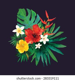 Abstract watercolor hand painted background. Isolated red, yellow, white flowers and green leafs on dark background. Design for invitation, wedding, greeting cards, print. Vector illustration.