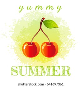 Abstract watercolor Hello summer grunge background, garden cherry fruit isolated on white. Modern design element banner, vector illustration. Hand drawn splash, poster template. Fresh summertime art