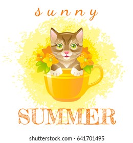 Abstract watercolor Hello summer grunge background, flower kitten cute cat cartoon icon isolated white. Modern design element banner, vector illustration. Splash, poster template. Fresh summertime art