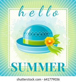 Abstract watercolor Hello summer grunge background, straw beach hat, icon, isolated. Modern design element banner, cartoon vector illustration. Hand drawn splash, poster template. Fresh summertime art