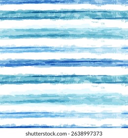 Abstract watercolor horizontal blue stripes vector seamless pattern. Art ink nautical background. Fashion textile print, fabric, wrapping paper design
