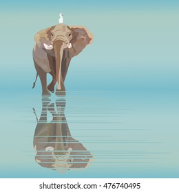 Abstract watercolor  illustration of a big elephant with small white bird at the watering, background sky and the river at sunrise, vector color animal print, friendship, tropical summer pattern