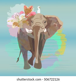 Abstract watercolor  illustration of a big elephant with small white bird , background sky and the river at sunrise, vector color animal print, friendship,  tropical summer floral pattern