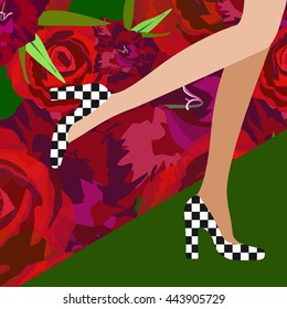 Abstract watercolor illustration of female legs in shoes pattern in a square, floral background with red roses and green leaves, a fashion show, color vector design print beauty, woman shopping