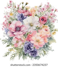 Abstract watercolor illustration of flower composition, frame, pattern, and bouquet for greeting cards, background, flyers. Realistic Floral Illustrations for Simple and Elegant Bridal Designs, 