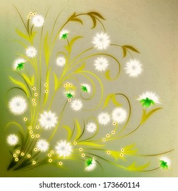 abstract watercolor illustration with flowers on grunge green