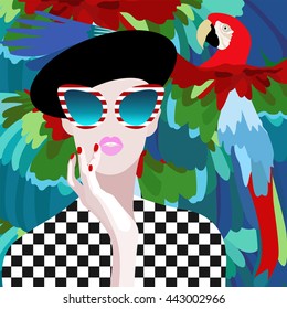 Abstract watercolor illustration of girl, black beret, dress in cage, sunglasses striped (white and red), background pattern tropical forest, parrot. Color vector print. Fashion Show Cruise. Viva Cuba