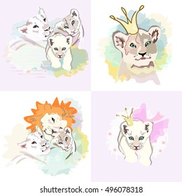 Abstract watercolor illustration of a happy Lion family (mother, father, baby), isolated on white background, love card, pattern animals color vector print design textile, poster dad, mom, child set