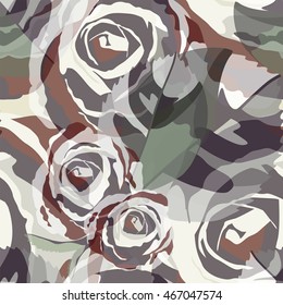 Abstract watercolor illustration rose, leaves, seamless fashion design flower pattern, trendy stylish texture, floral vector prints, Safari style colors (brown, yellow, green, gray- purple, white)